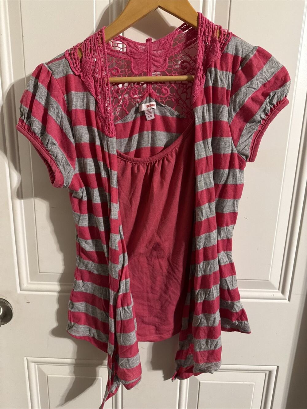 sz L - Bongo Striped Pink Hi Lo Top w/ Lace Layered Tie Bottom